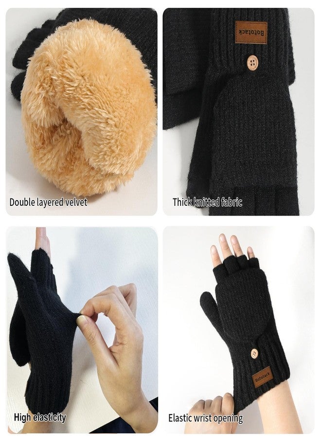 Bototack Winter Fingerless Gloves Warm Thermal Knitted Convertible Mittens Flap Cover for Women Men Typing Driving Working (Black) - Image 5